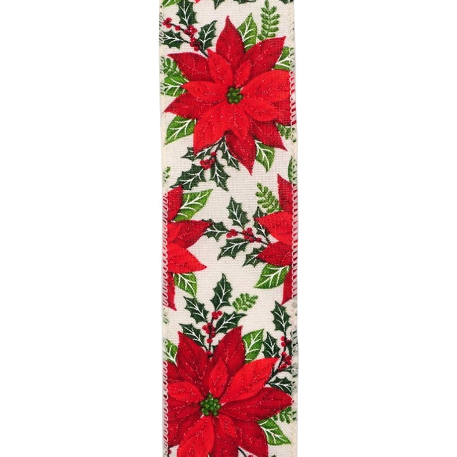 WIRED RIBBON 2.5"X10 YDS IVORY W/ RED POINSETTIA & HOLLY