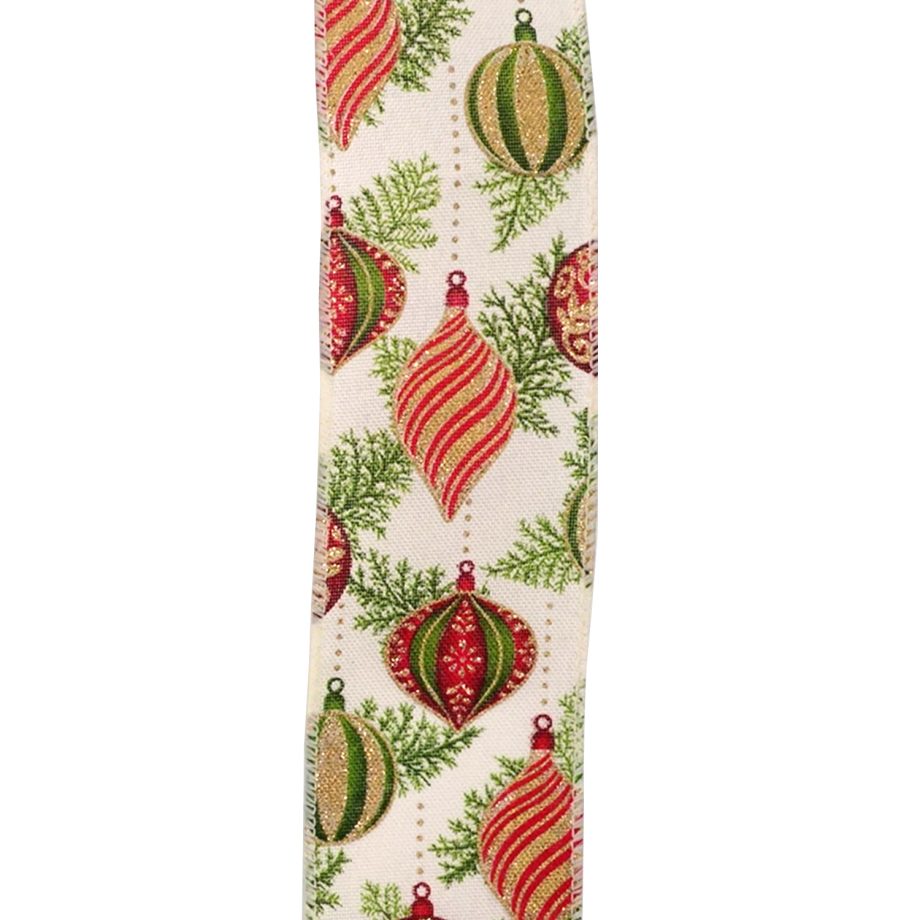 WIRED RIBBON 2.5"X10 YDS IVORY W/ BAUBLES, FINIALS & CEDAR