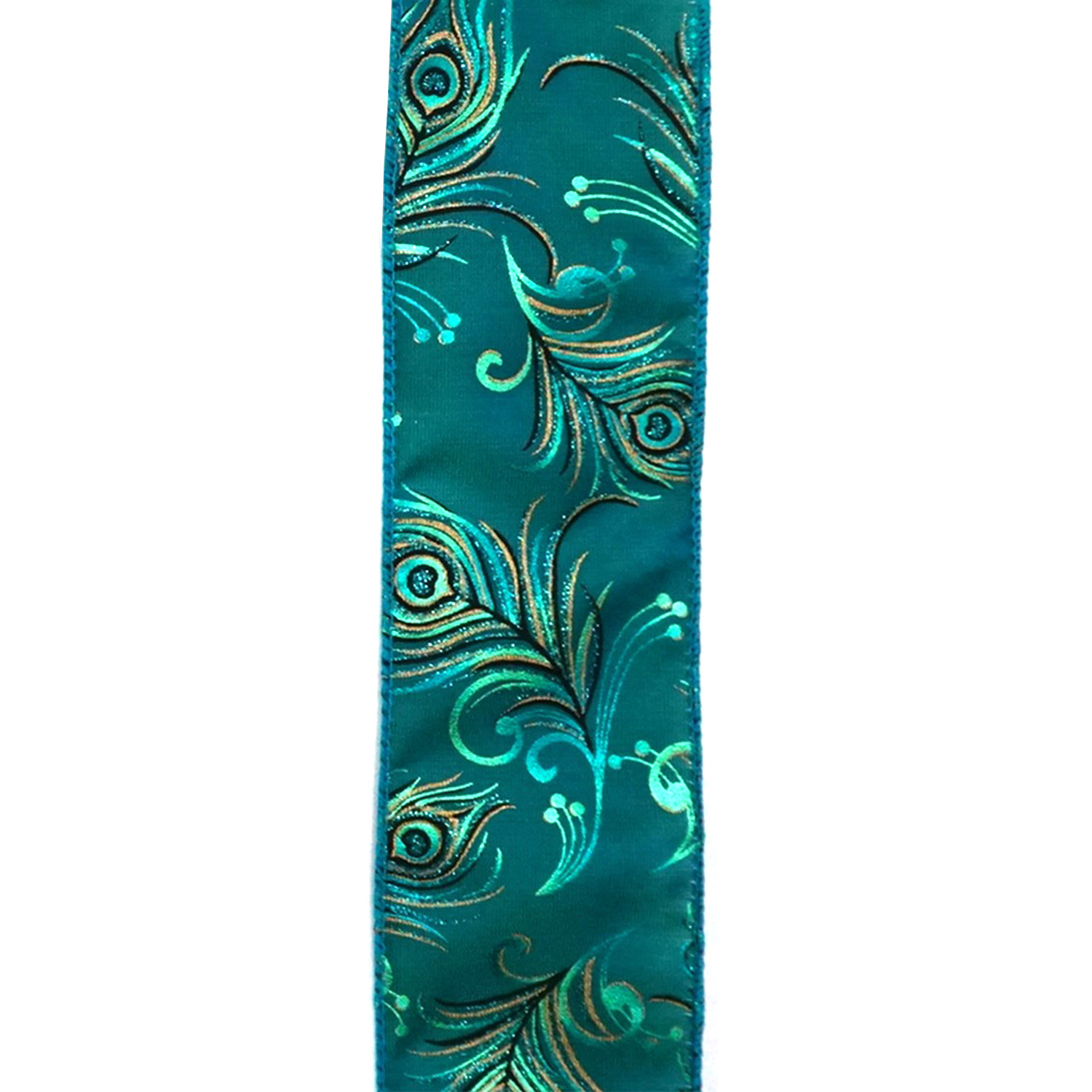 WIRED RIBBON 2.5"X10 YDS TURQUOISE W/ PEACOCK FEATHER