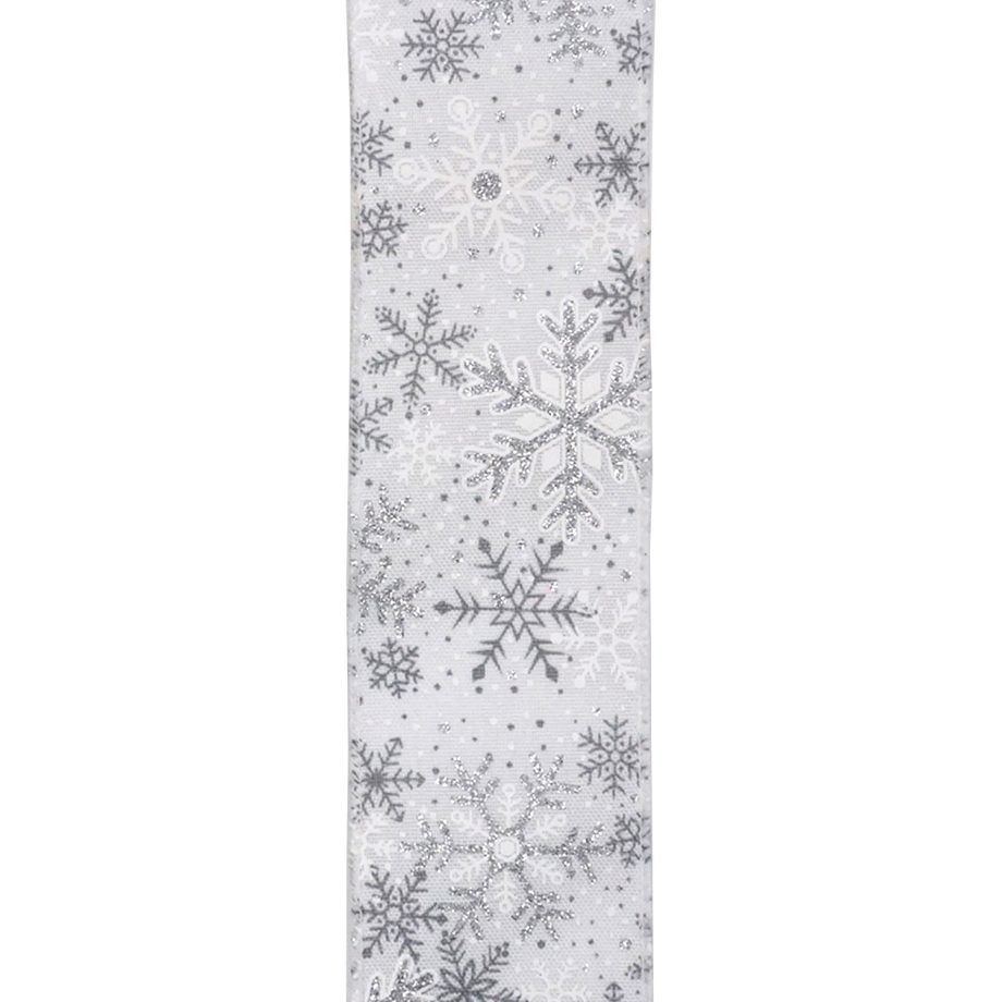 WIRED RIBBON 2.5X10YDS WHITE W/ SILVER SNOWFLAKES
