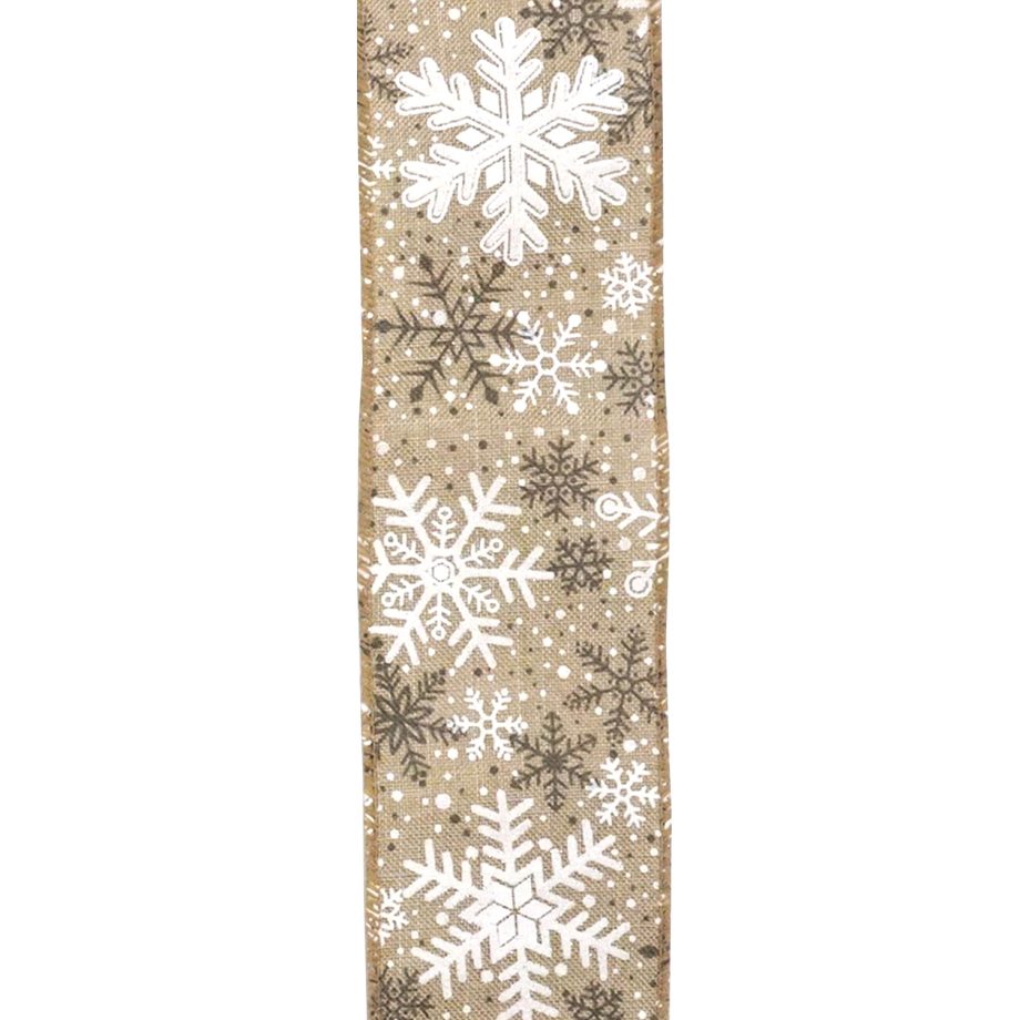 WIRED RIBBON 2.5"X10YD NATURAL W/ WHITE 7 BROWN GLITTER SNOWFLAKES