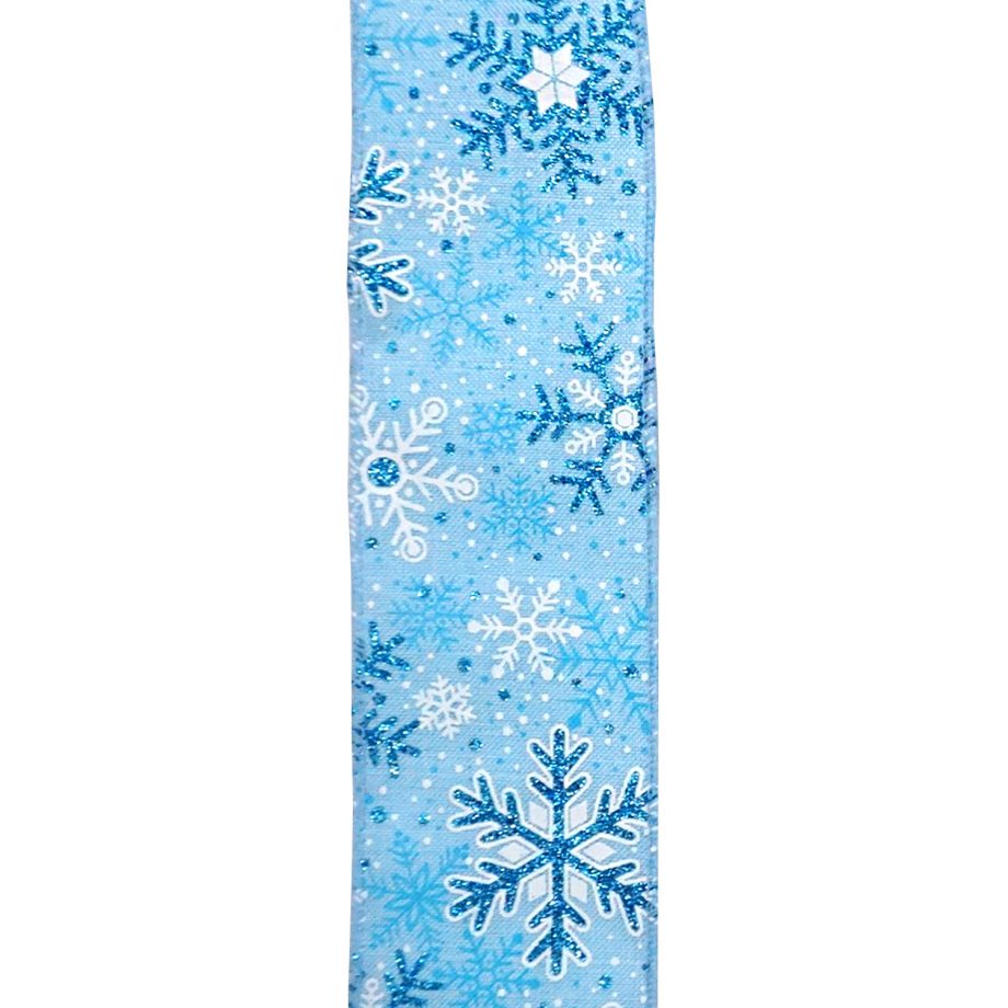 WIRED RIBBON 2.5"X10 YDS BLUE- LIGHT  WITH GLITTER SNOWFLAKES