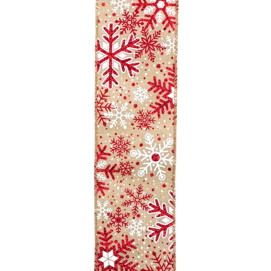 WIRED RIBBON 2.5"X10 YDS NATURAL W/ RED GLITTER SNOWFLAKES