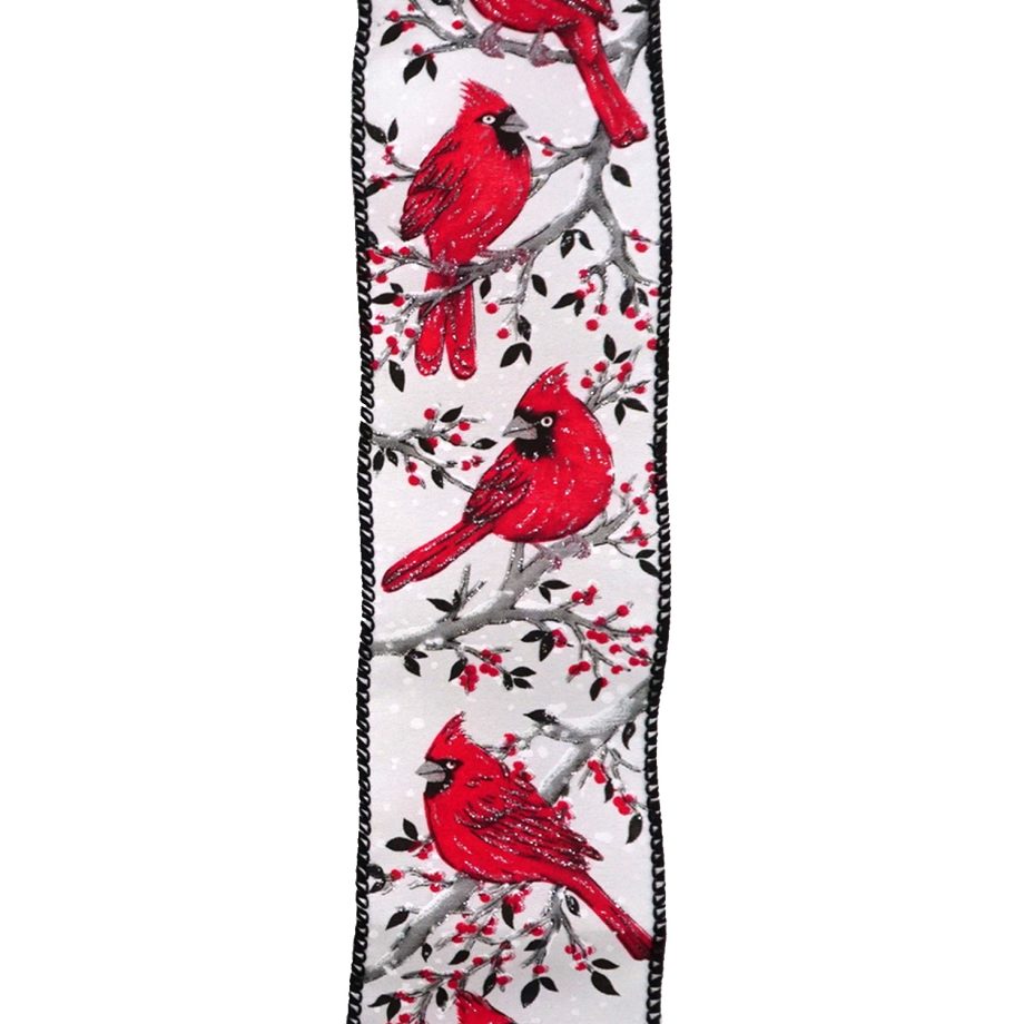 WIRED RIBBON 2.5"X10 YDS WHITE W/ RED CARDINAL IN BRANCH