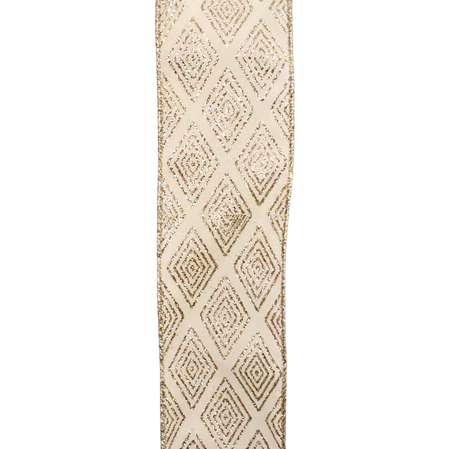 WIRED RIBBON 2.5"X10 YDS IVORY W/ GOLD GLITTER DIAMOND PATTERN