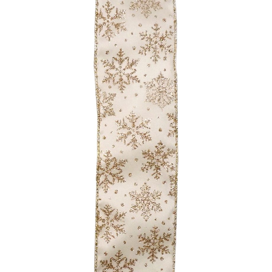 WIRED RIBBON 2.5"X10 YDS IVORY W/ GOLD GLITTER SNOWFLAKES