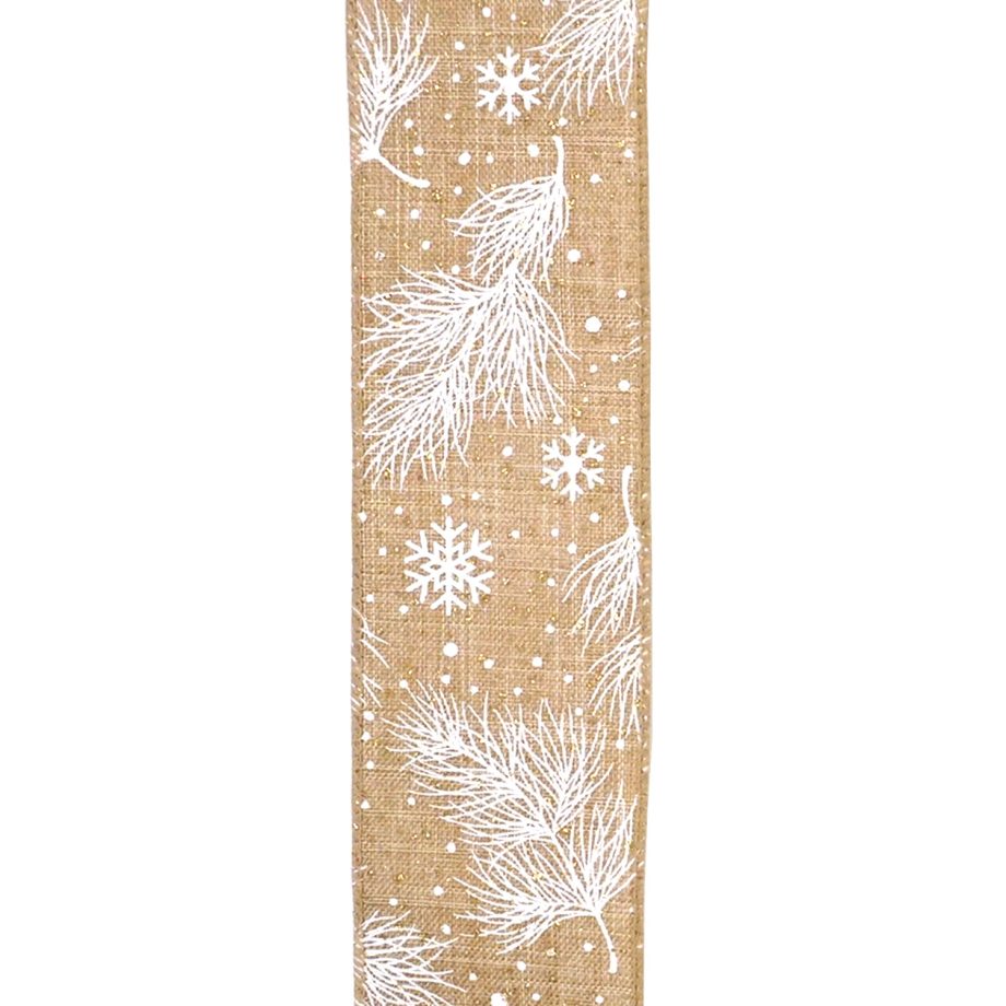 WIRED RIBBON 2.5"X10 YDS NATURAL W/ WHITE PINE & SNOWFLAKES