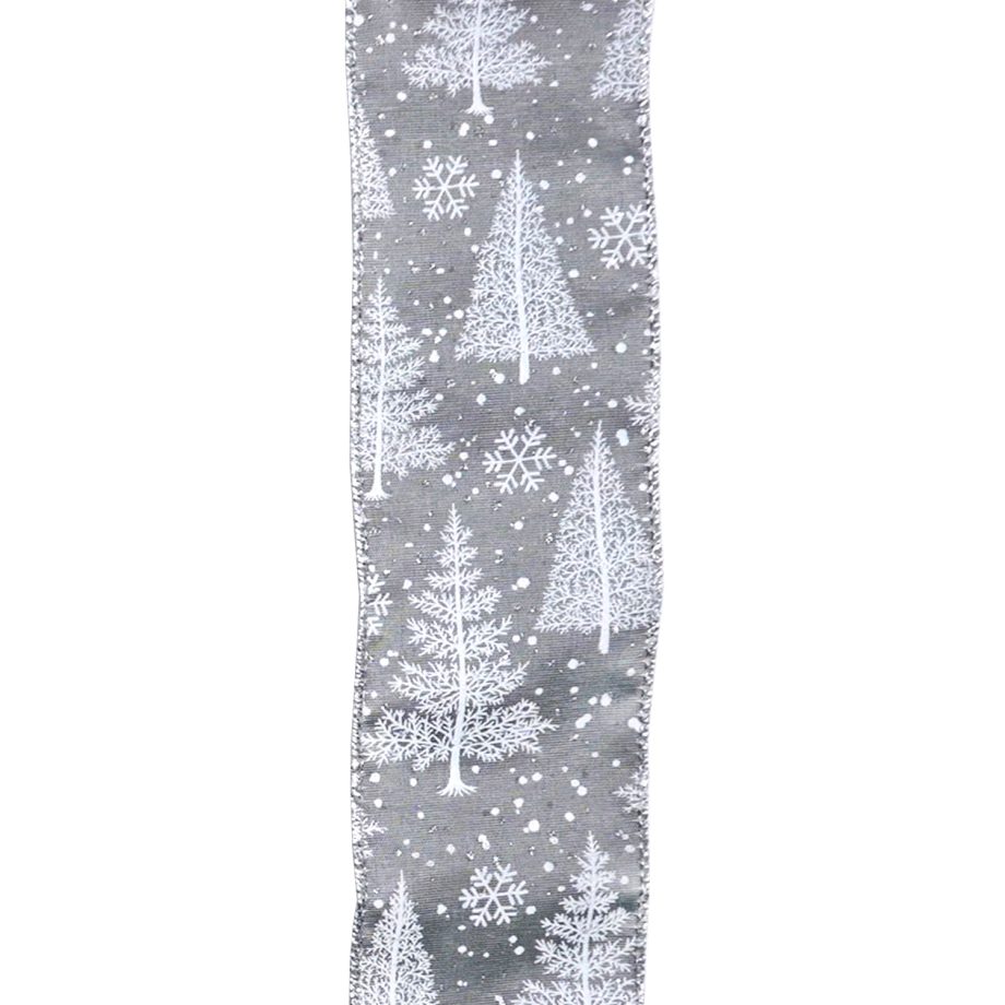 WIRED RIBBON 2.5"X10 YDS GRAY W/ WHITE CHRISTMAS TREES