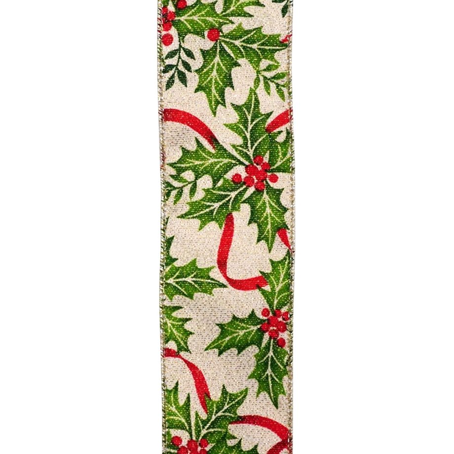 WIRED RIBBON 2.5"X10 YDS IVORY W/ HOLLY, RED BERRIES & RED RIBBON