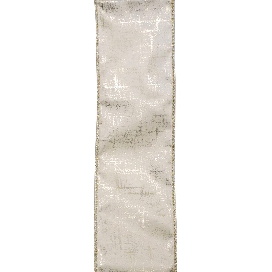 WIRED RIBBON 2.5"X10 YDS IVORY W/ GOLD PRINT CRISS-CROSS PATTERN