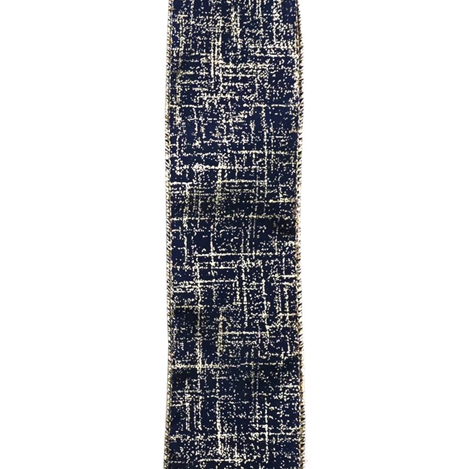 WIRED RIBBON 2.5"X10 YDS BLUE NAVY W/ GOLD  CRISS-CROSS DESIGN