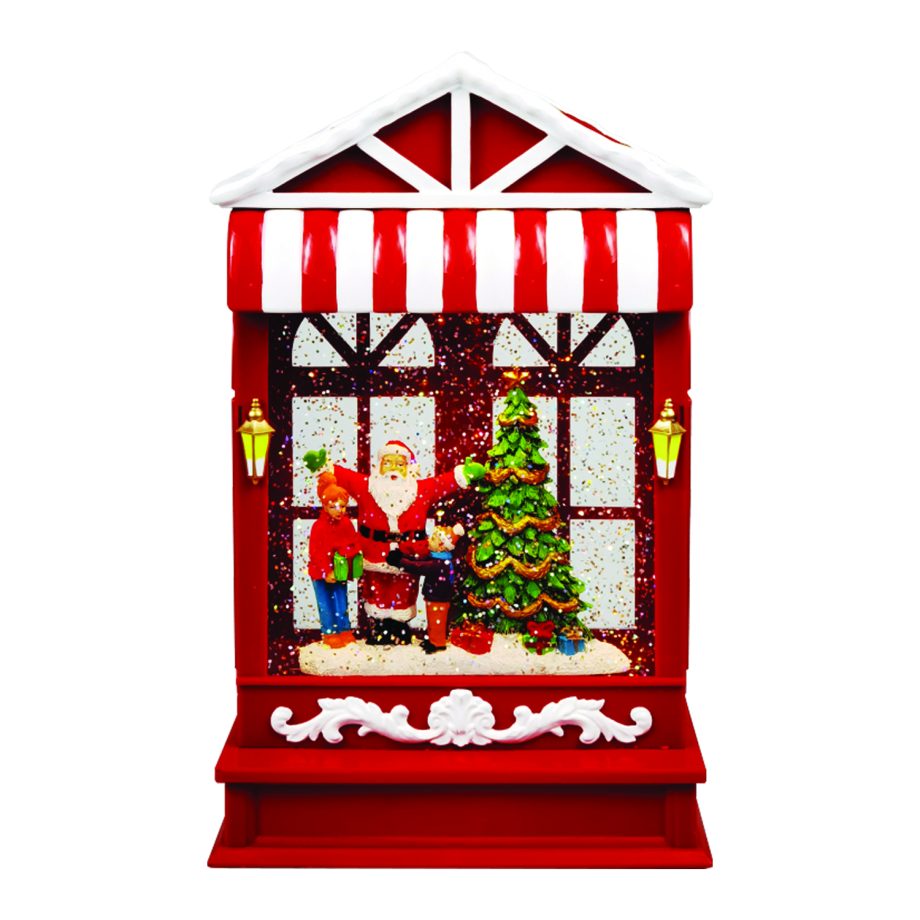 WATER GLOBE HOUSE SCENE AUTO SPINNER WITH SANTA & TREE IN SWIRL GLITTER LED 10"