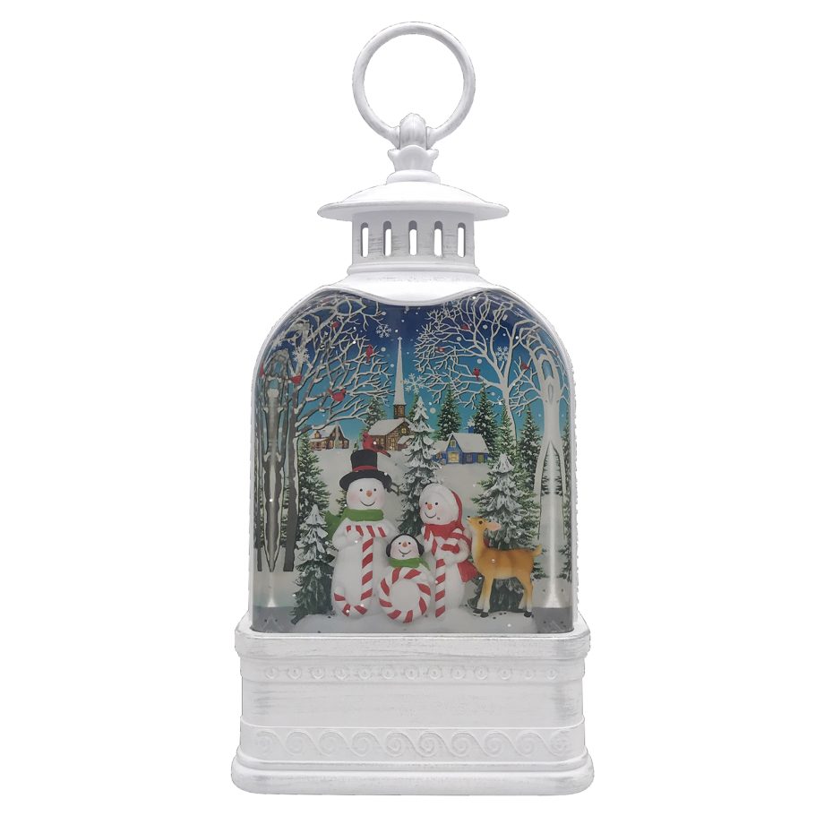 WATER LANTERN AUTO SPINNER WITH SNOWMAN & JOY CANDY CANE IN SWIRL GLITTER LED 9.5"