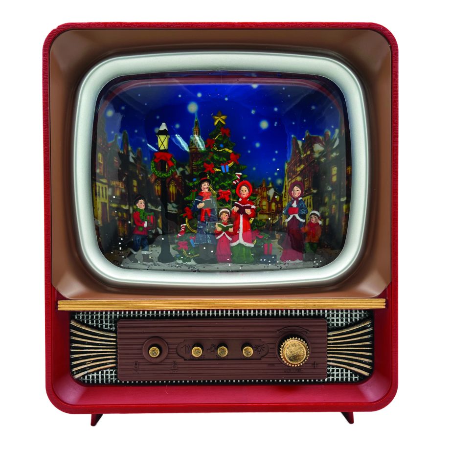 WATER GLOBE TV AUTO SPINNER WITH MUSICAL CAROLERS IN SWIRL GLITTER LED 8.5" X 10"