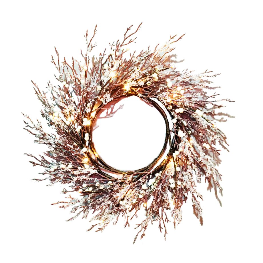 WREATH FROSTED ICED 24" W/ 24 LED LIGHTS  BROWN / CLEAR