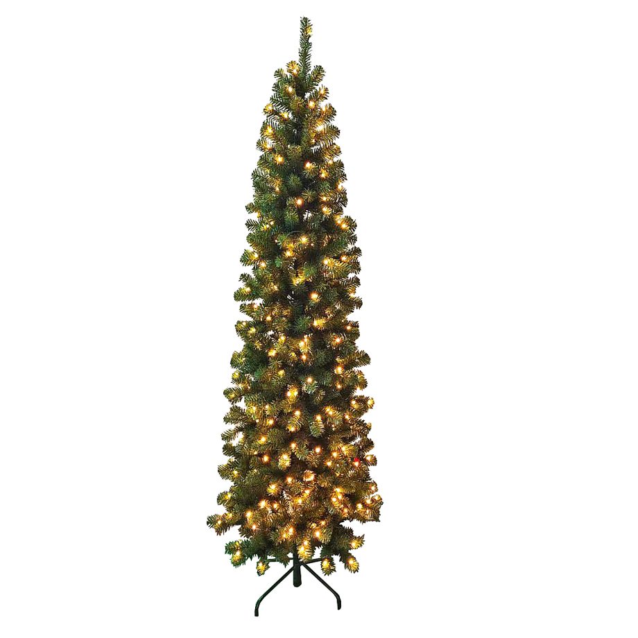 TREE PENCIL PINE 7' 606 TIPS 300 LED WARM WHITE LIGHTS GREEN PVC