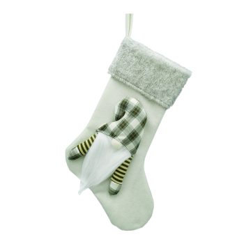 STOCKING 20" IVORY/ GREEN W/PLUSH GNOME  FAUX FUR CUFF