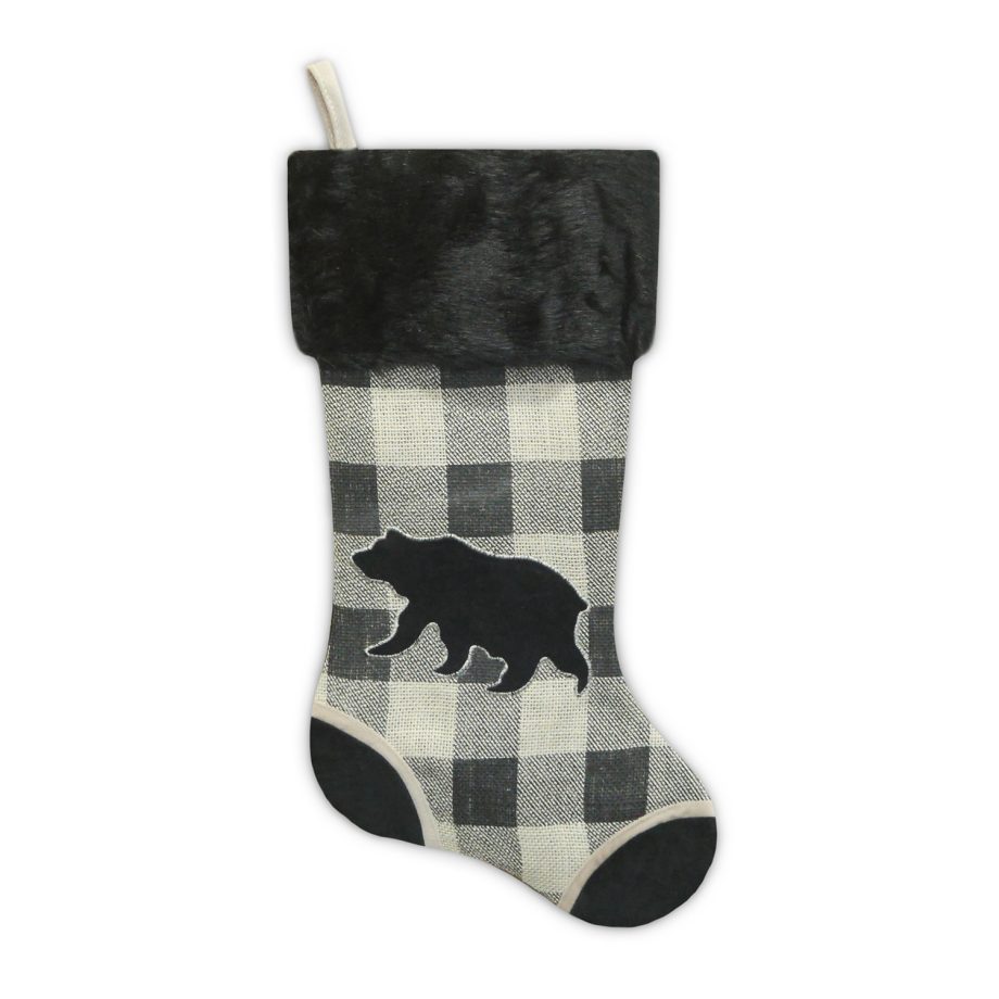 STOCKING 20.5" BLACK/ CREAM BURLAP PLAID & SUEDE WITH FAUX FUR CUFF- BEAR