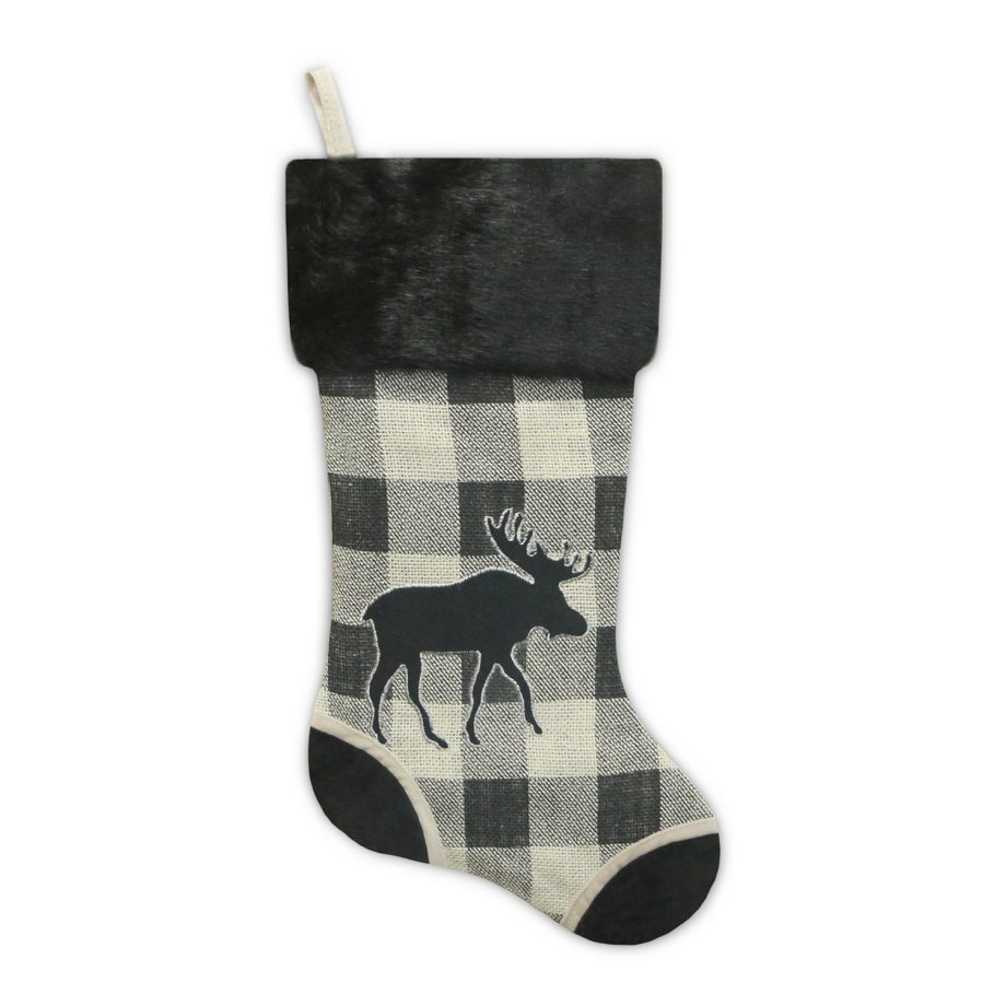 STOCKING 20.5" BLACK/ CREAM BURLAP PLAID & SUEDE WITH FAUX FUR CUFF- MOOSE