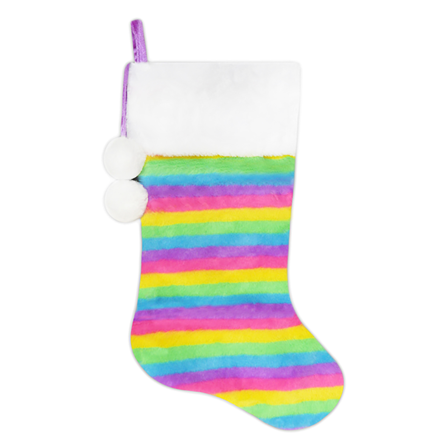 STOCKING 20.5" RAINBOW FAUX FUR W/ FAUX FUR CUFF & POM POMS