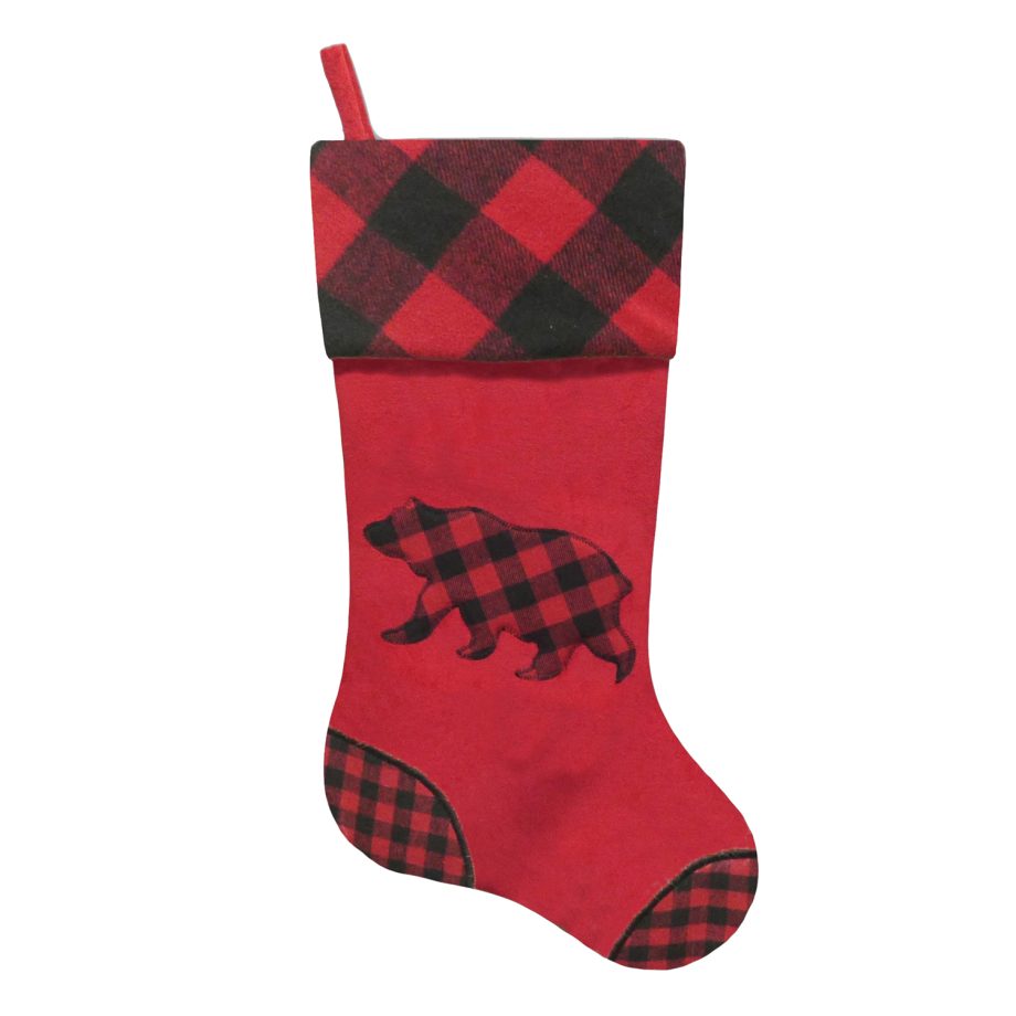 STOCKING 20.5" RED VELVET W/ PLAID CUFF APPLIQUE & EMBROIDERY- BEAR