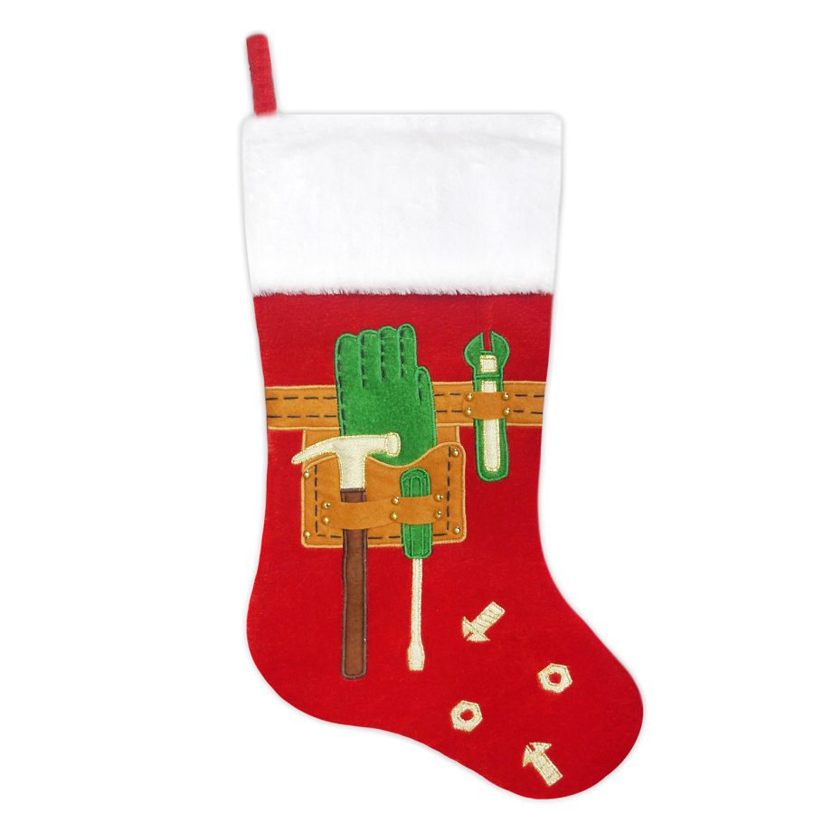 STOCKING 20.5" RED VELVET WITH FAUX FUR CUFF APPLIQUE & EMBROIDERY - TOOLS