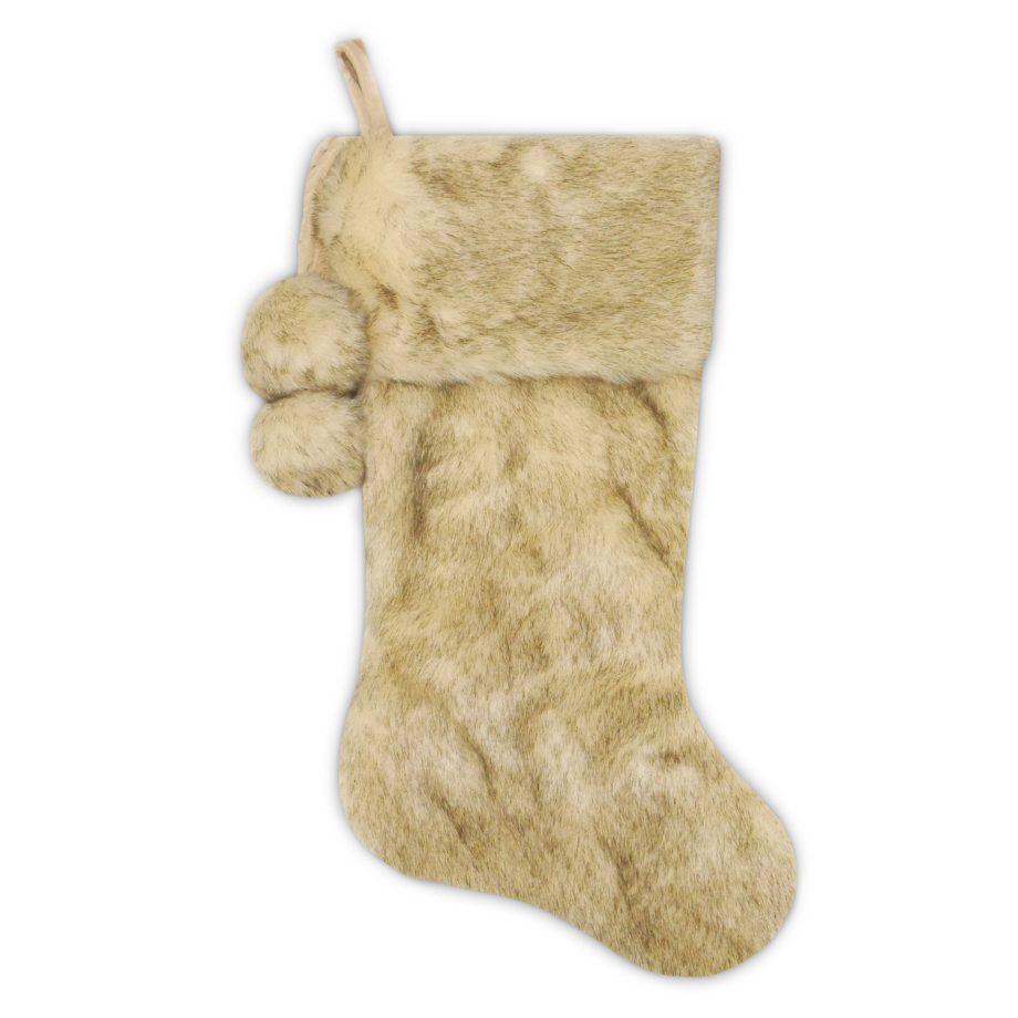 STOCKING 20.5" DELUXE ALL BEIGE FAUX FUR WITH FAUX FUR POMS POMS