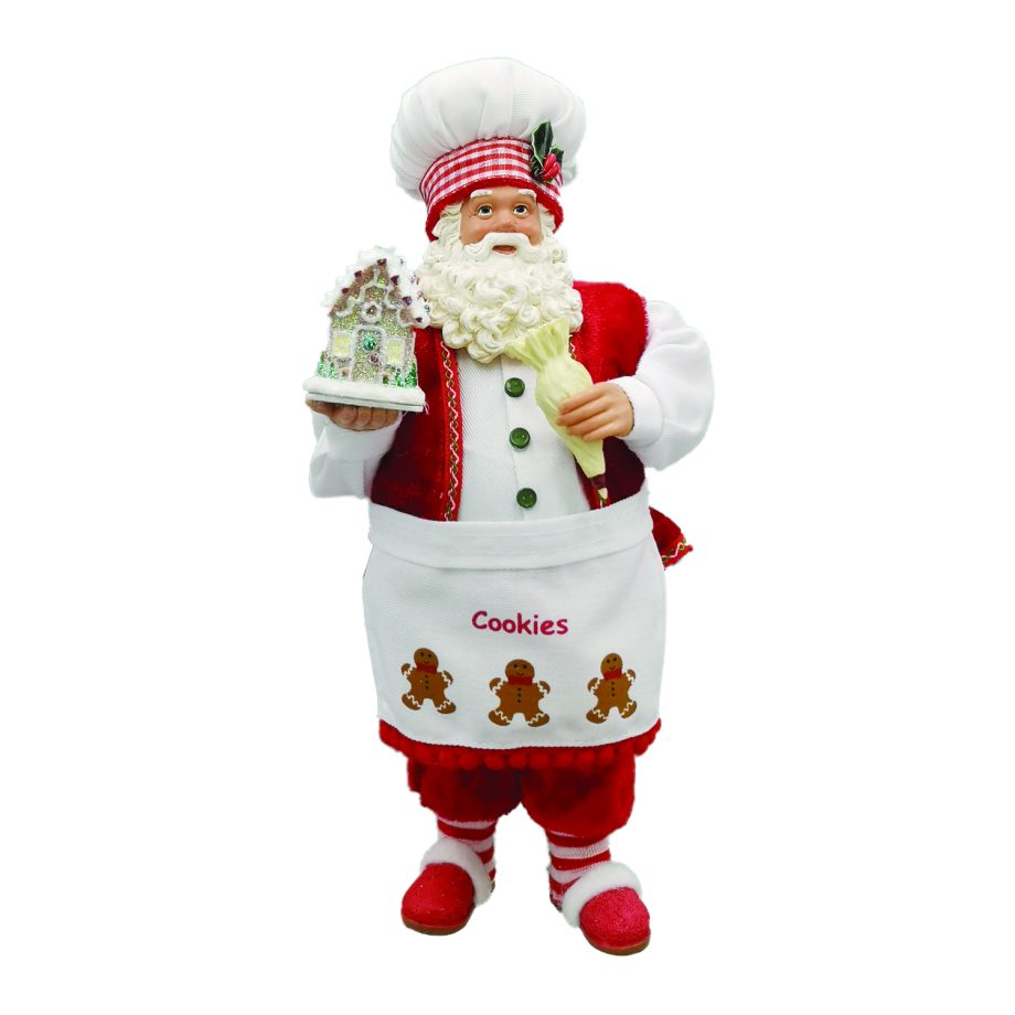 SANTA 11" STANDING BAKER RED/WHITE W/ GINGERBREAD HOUSE