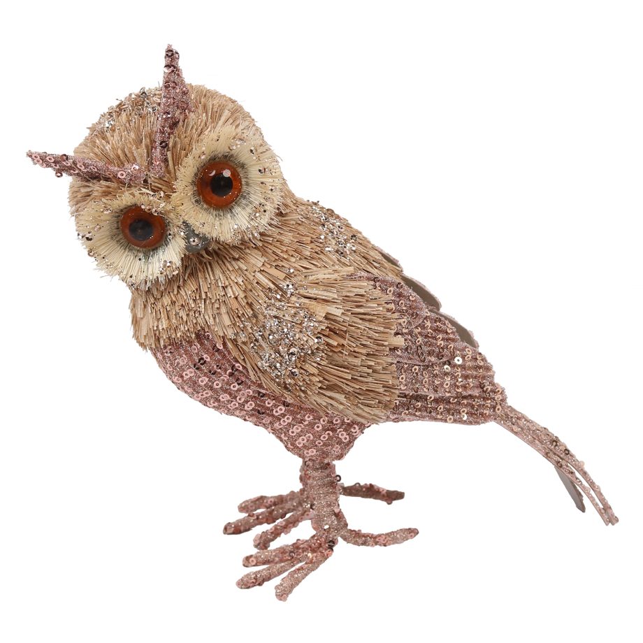 OWL NATURAL GRASS 9" STANDING W/ PINK BELLY & GLITTER