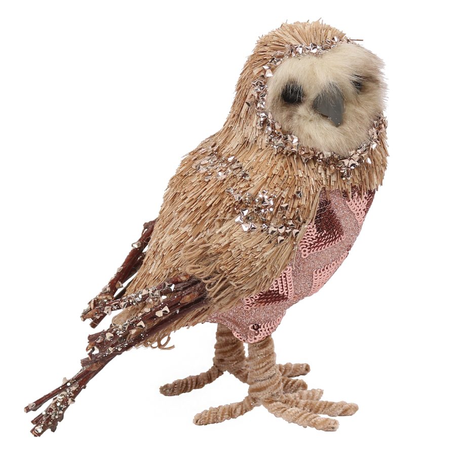 OWL NATIRAL GRASS 6.5"STANDING W/ PINK BELLY & GLITTER