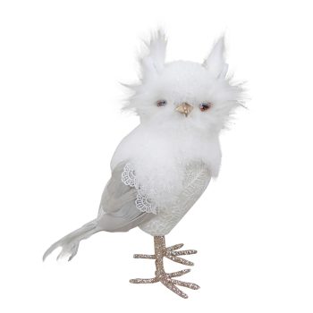 OWL WHITE/ CREAM 8.5" STANDING W/ LACE & FEATHER