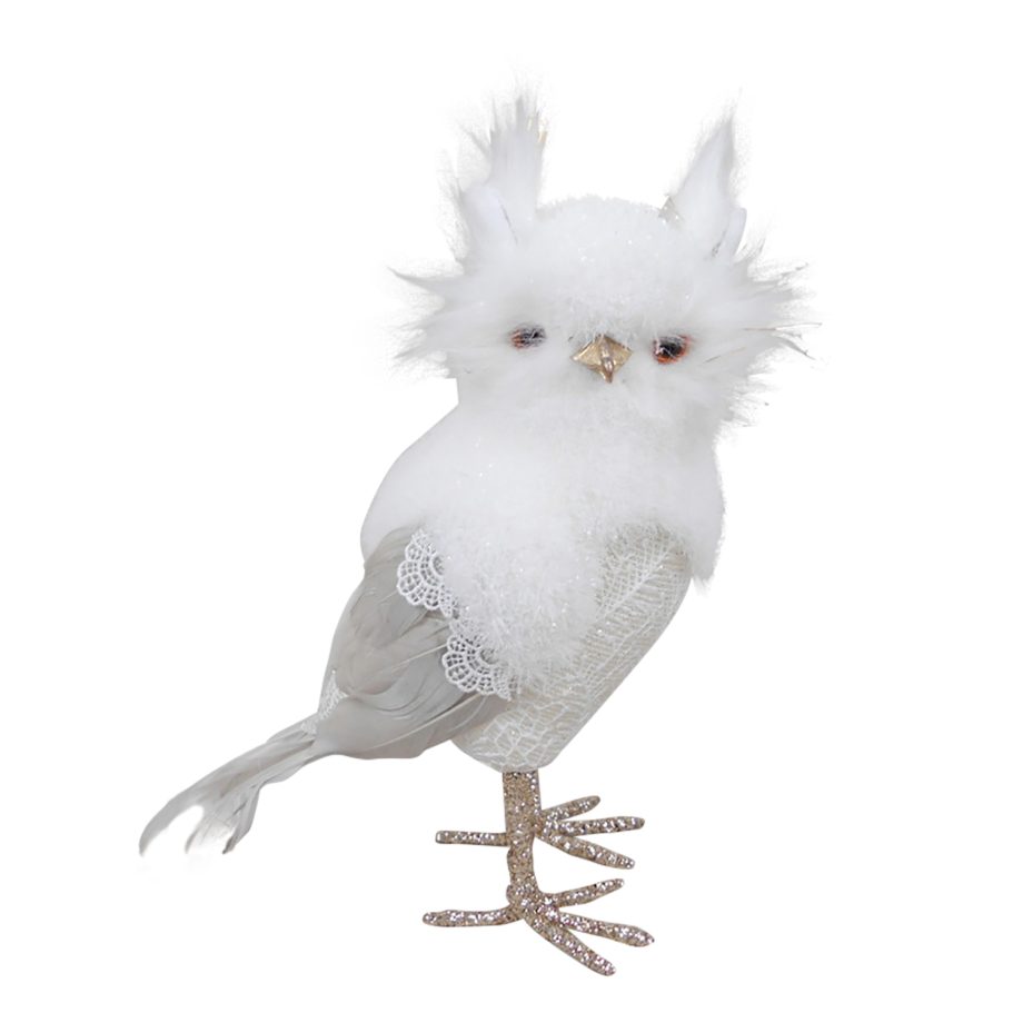 OWL WHITE/ CREAM 8.5" STANDING W/ LACE & FEATHER