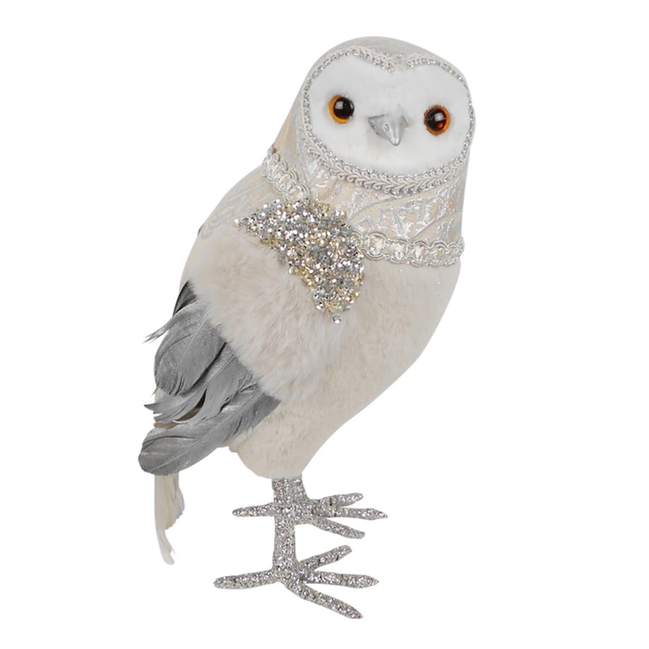 OWL IVORY 10" STANDING W/ FUR FABRIC, GLITTER & SEQUIN