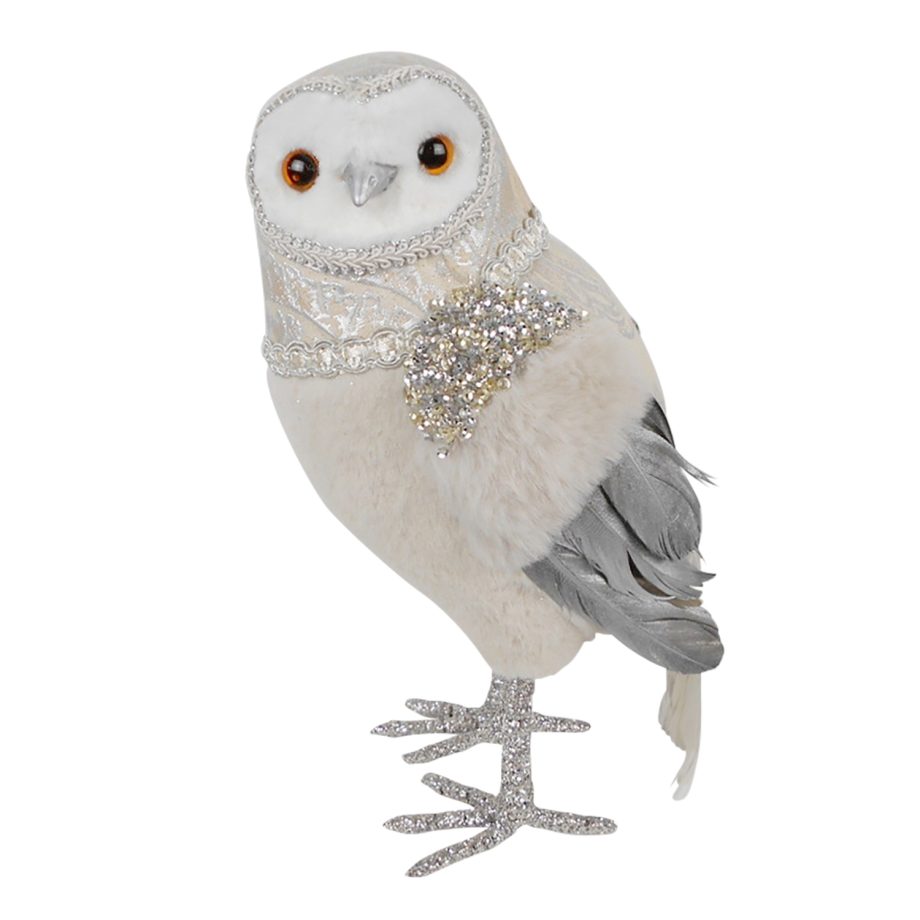 OWL IVORY 10" STANDING W/ FUR FABRIC, GLITTER & SEQUIN