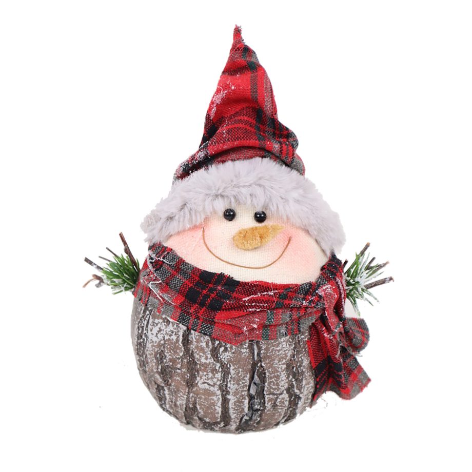 SNOWMAN WOOD LOOK 6" FROSTED W/ SCARF & SANTA HAT RED PLAID