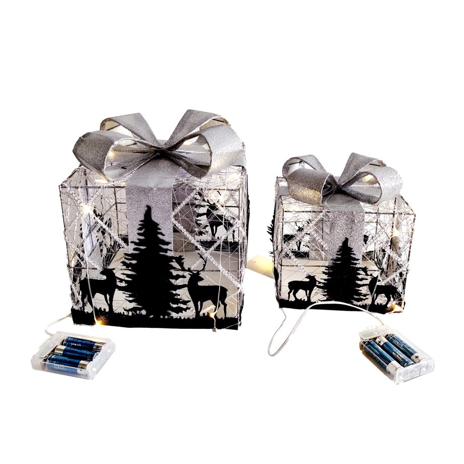 GIFT BOX WIRE 6"/8" WITH LED LIGHTS & DECORATION SET OF 2