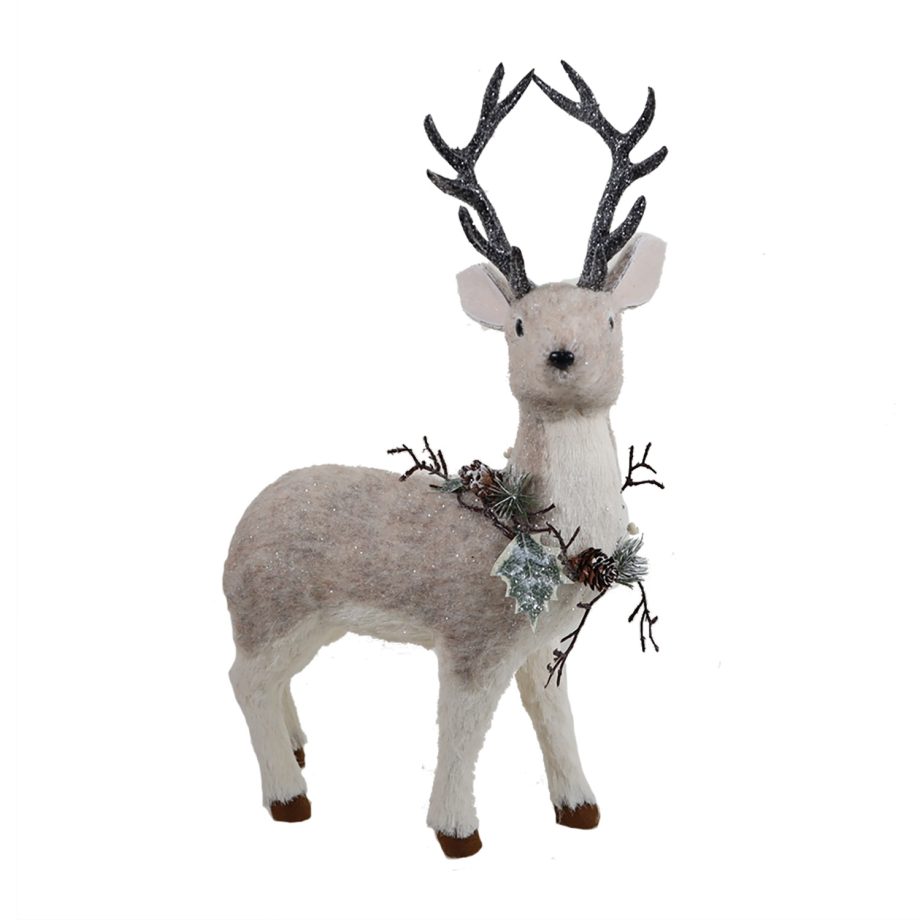 REINDEER GRAY STANDING 12.5"X19.5" FABRIC/GRASS W/ FROSTED WREATH