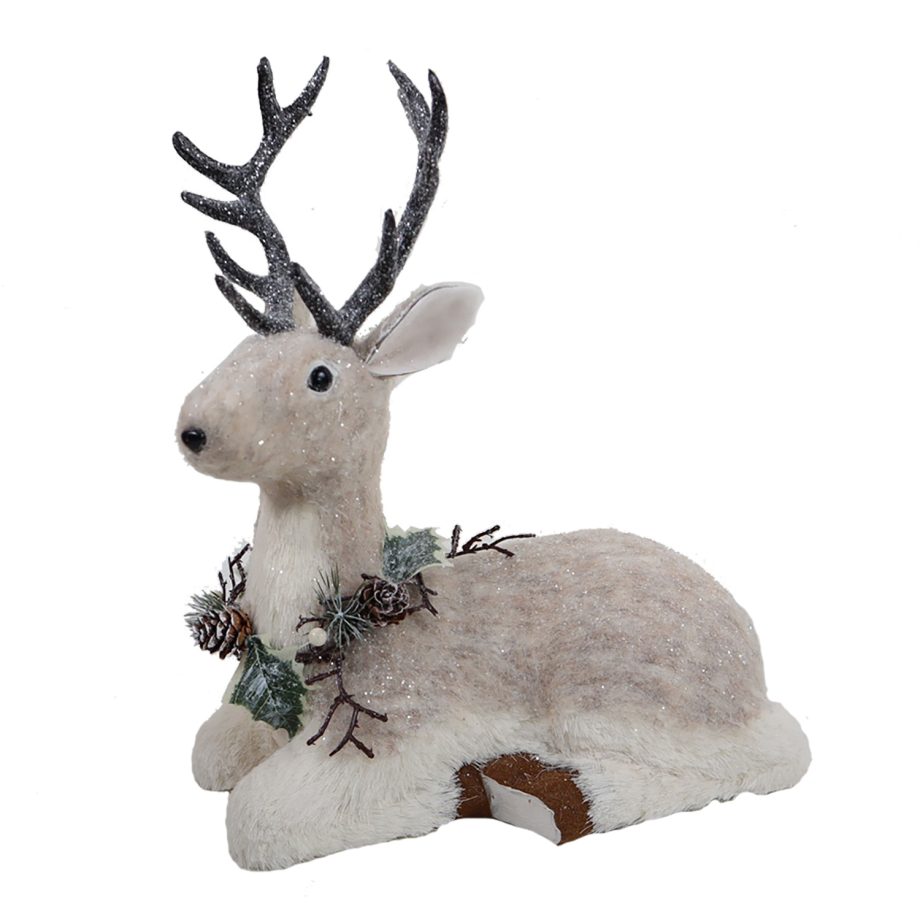 REINDEER GRAY SITTING 12"X14" FABRIC/GRASS W/ FROSTED WREATH