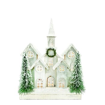 WOODEN WHITE VILLAGE SCENE HOUSE WOODEN 12.5"x4"x17" WITH LED LIGHTS SNOW & TREES