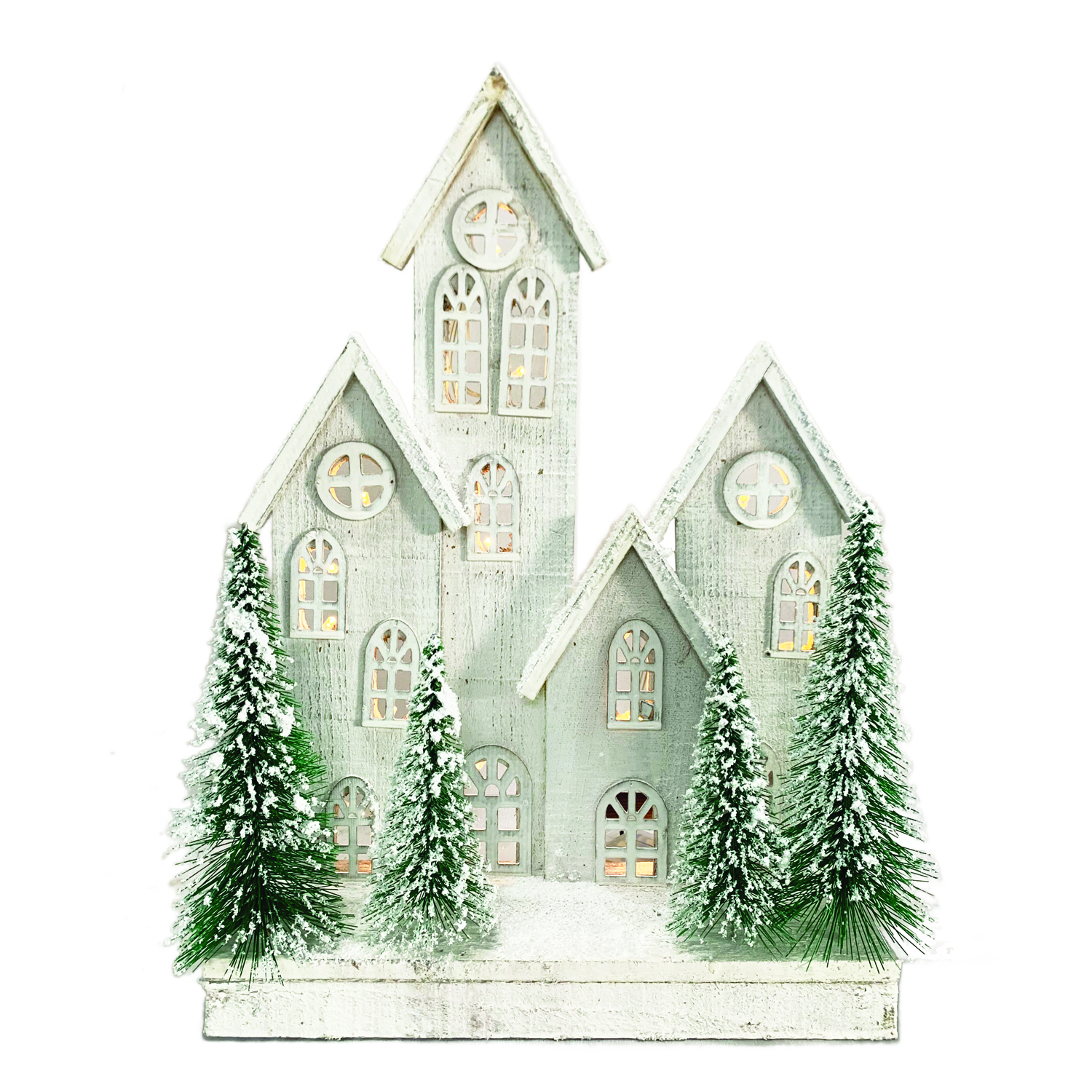 WOODEN WHITE VILLAGE SCENE 13"x4.5"x18" W/ LED LIGHTS SNOW & TREES