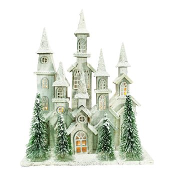 WOONEN WHITE CHURCH SCENE 17"x6"x22" W/ LED LIGHTS SNOW & TREES