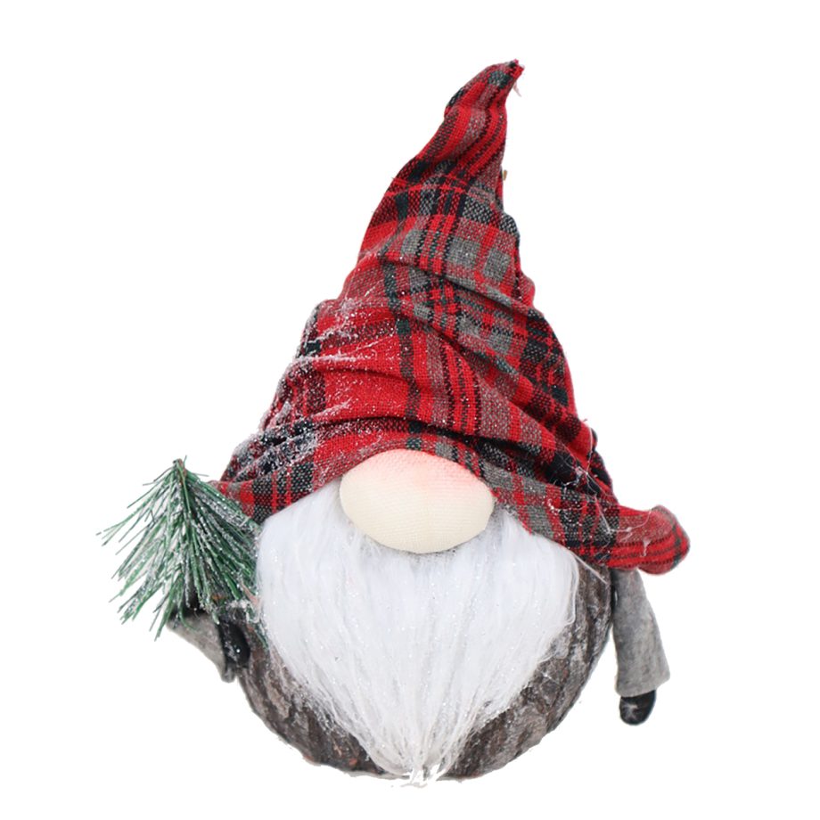 GNOME WOOD LOOK 8.5" FROSTED HOLDING TREE RED PLAID