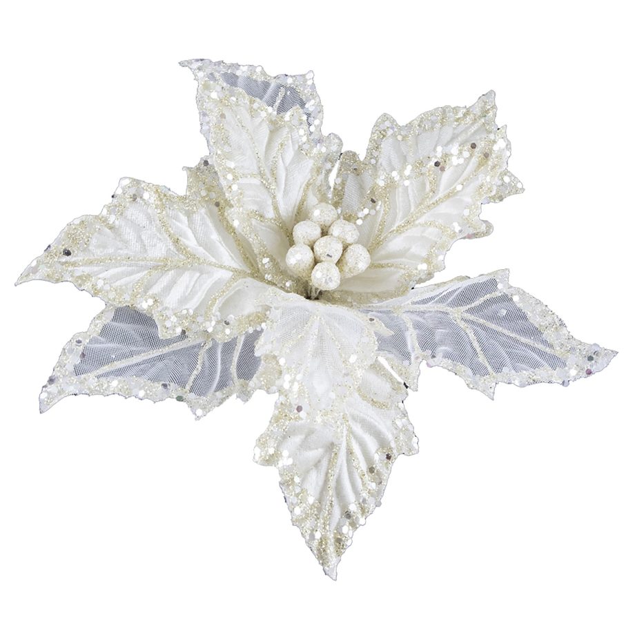 POINSETTIA HEAD IVORY 11" W/SEQUINS BORDER & CLIP
