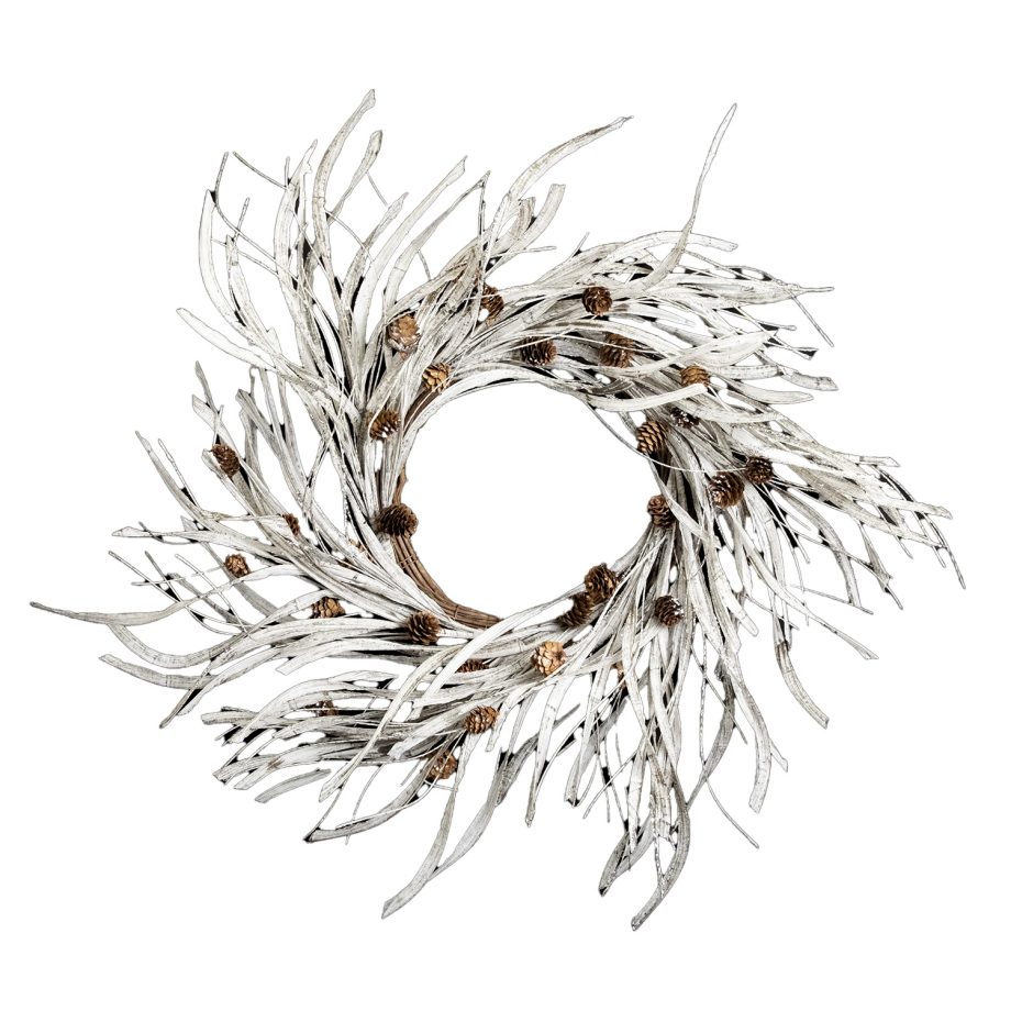 WREATH FARMHOUSE 28" W/ BIRCH LOOK GRASS & MINI PINE CONES