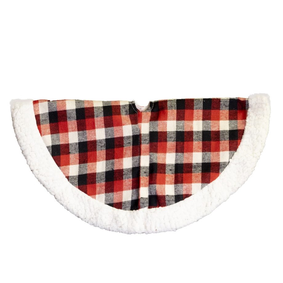TREE SKIRT 20" MINI RED/ BLACK / WHITE PLAID W/SHERPA BORDER
