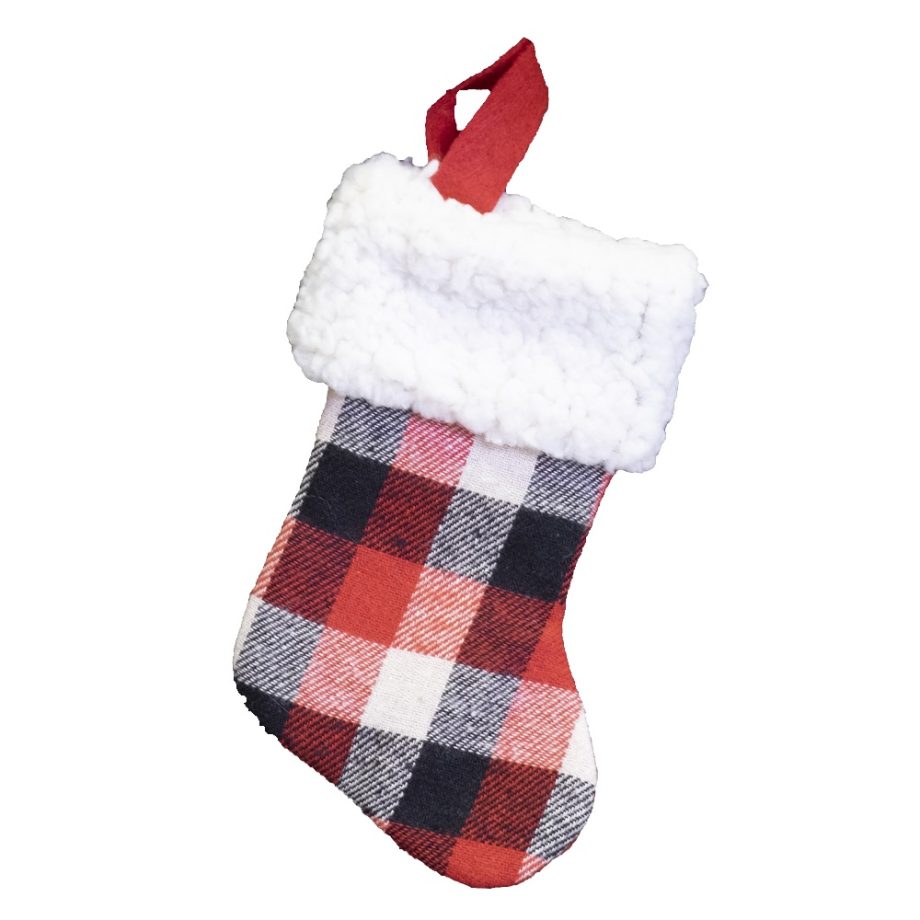 STOCKING MINI 6" RED/ BLACK/ WHITE PLAID W/FUR CUFF