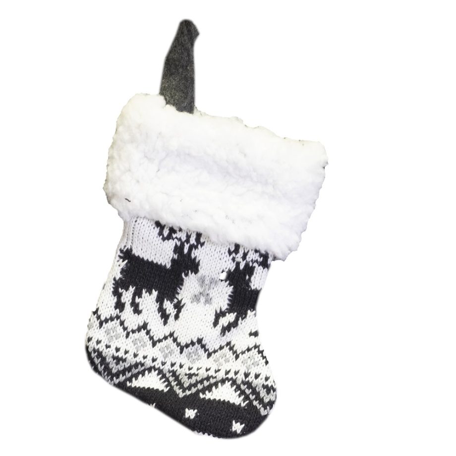 STOCKING MINI 6" BLACK/ WHITE KNITTED REINDEER PATTERN W/FUR CUFF