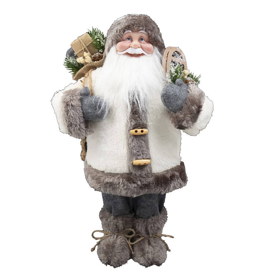 SANTA STANDING 18" GRAY/ WHITE W/SACK & SNOW SHOES
