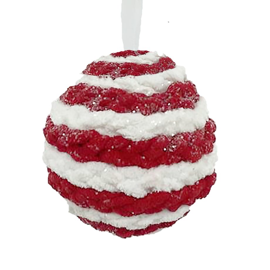 BALL FABRIC BRAIDED CANDY CANE 4.5" RED/WHITE W/ GLITTER