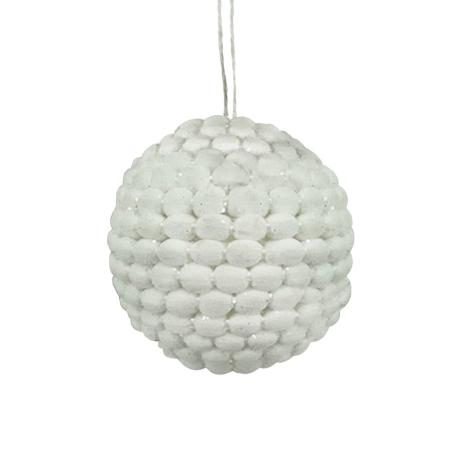 BALL FABRIC MINI POM POM 4" WHITE W/ GLITTER